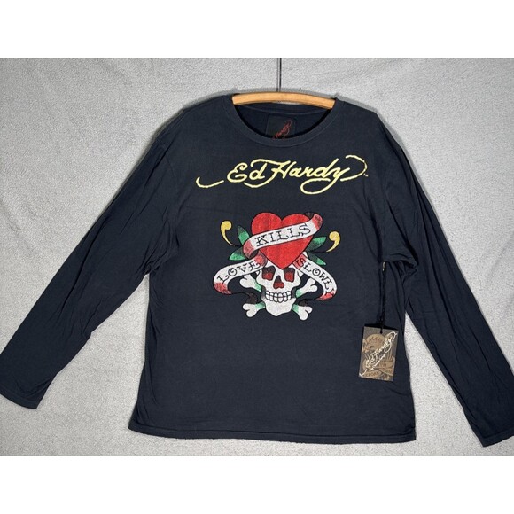 NWT Ed Hardy T Shirt Men XL Black Love Kills Slowly Grunge Distressed Skulls Y2K - Picture 1 of 16